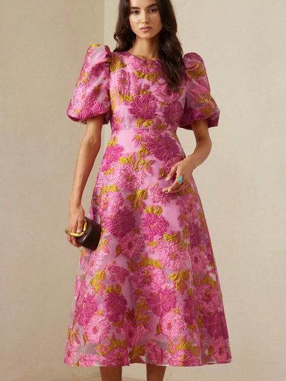 BELROSIE French Romantic Rose 3D Floral V-Neck Puff Sleeve Cinched Waist Dress For Women