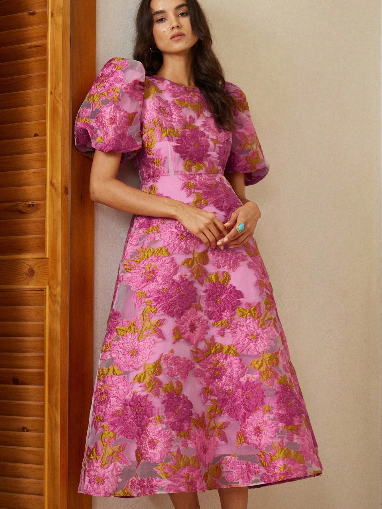 BELROSIE French Romantic Rose 3D Floral V-Neck Puff Sleeve Cinched Waist Dress For Women
