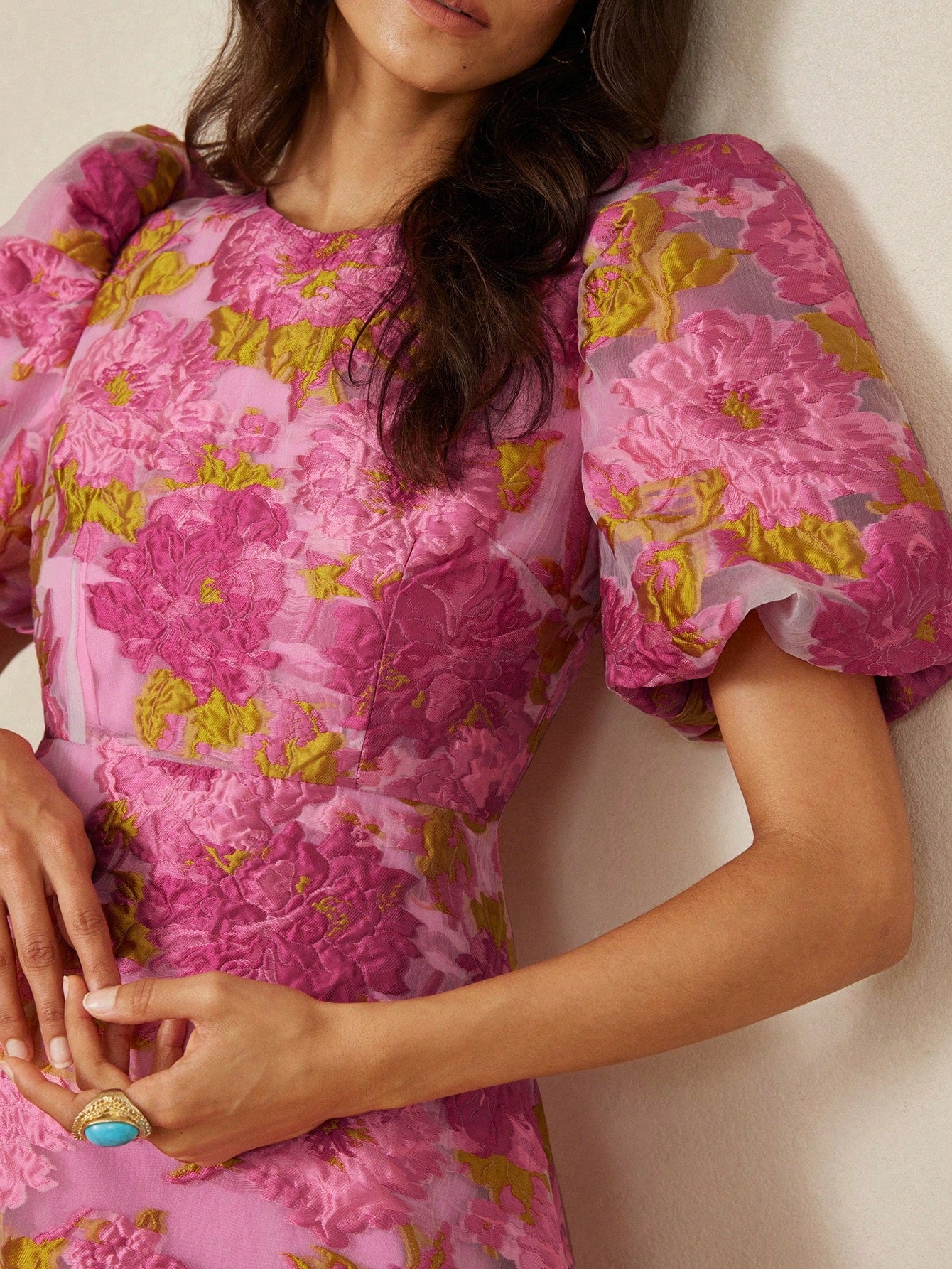 BELROSIE French Romantic Rose 3D Floral V-Neck Puff Sleeve Cinched Waist Dress For Women
