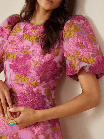 BELROSIE French Romantic Rose 3D Floral V-Neck Puff Sleeve Cinched Waist Dress For Women