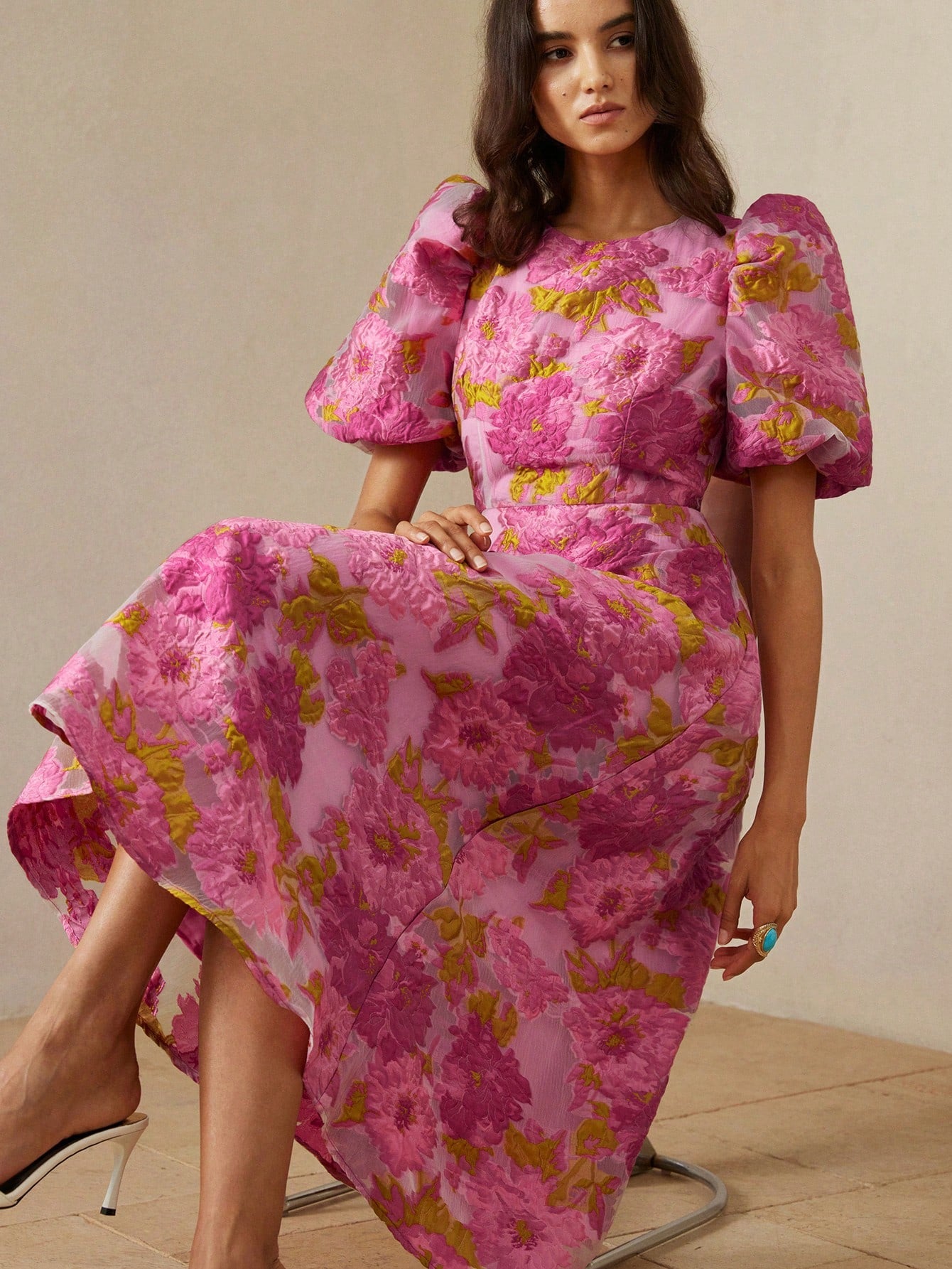 BELROSIE French Romantic Rose 3D Floral V-Neck Puff Sleeve Cinched Waist Dress For Women