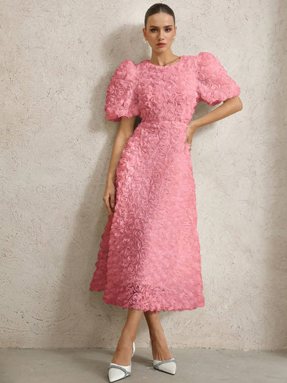 BELROSIE French Romantic Rose 3D Floral V-Neck Puff Sleeve Cinched Waist Dress For Women