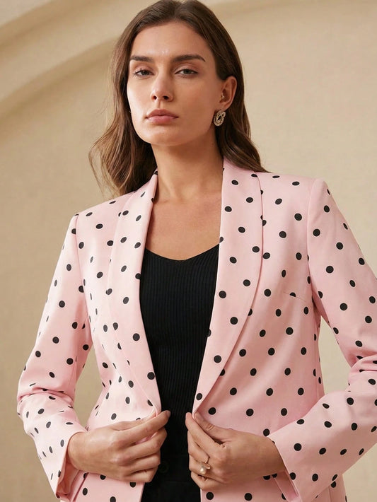 BELROSIE Pink Polka Dot Elegant Office Blazer Jacket,Autumn Retro Pop Art Style Single-Breasted Slim Fit Lapel Outerwear Women,Classic Custom Craftsmanship