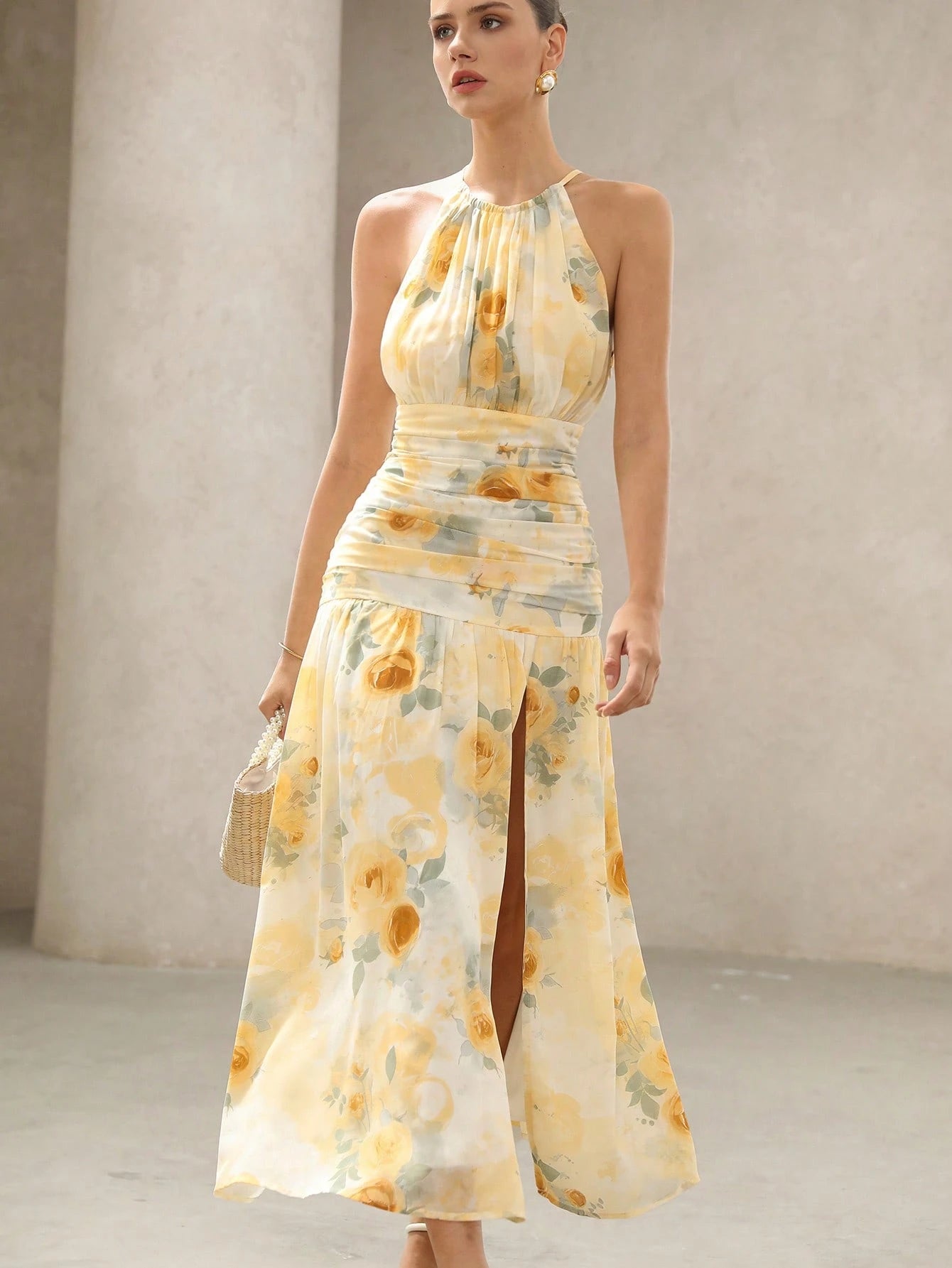 BELROSIE Vacation Versatile Romantic Elegant Floral Draped Asymmetric Sleeveless Dress Sexy Backless Boho Beach Fashionable Style For Summer