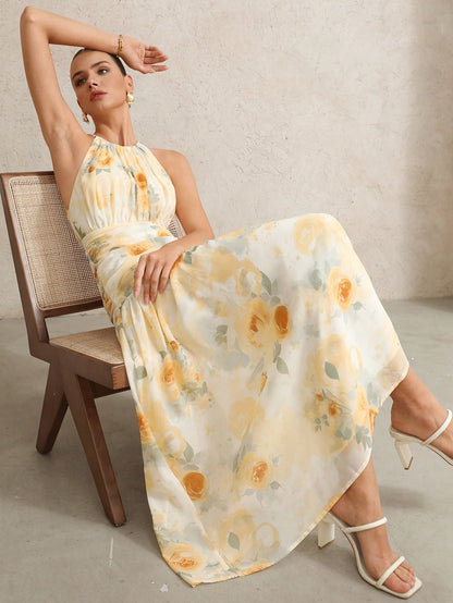 BELROSIE Vacation Versatile Romantic Elegant Floral Draped Asymmetric Sleeveless Dress Sexy Backless Boho Beach Fashionable Style For Summer