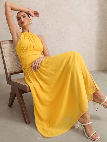 BELROSIE Vacation Versatile Romantic Elegant Floral Draped Asymmetric Sleeveless Dress Sexy Backless Boho Beach Fashionable Style For Summer