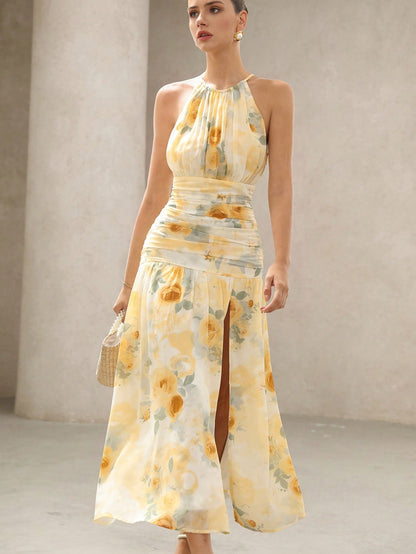 BELROSIE Vacation Versatile Romantic Elegant Floral Draped Asymmetric Sleeveless Dress Sexy Backless Boho Beach Fashionable Style For Summer