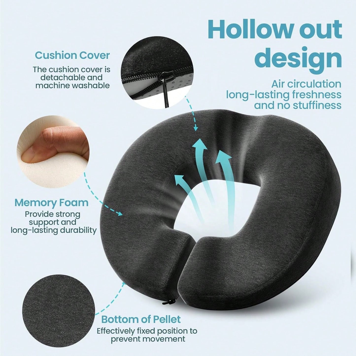 BENAZCAP Donut Pillow Seat Cushion- Strong Support Memory Foam Hemorrhoid Pillow By Ergonomic For Coccyx, Pregnancy, And Postpartum, Black