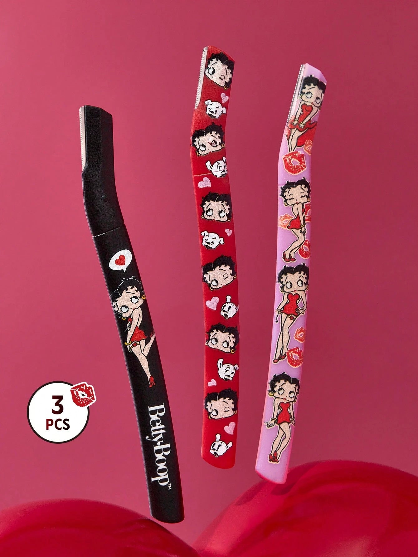 Betty Boop x 3 Pcs Straight Handle Eyebrow Trimmers With Protective Cap,Painless Hair Remover Razors,Durable Trimming Blades Scratchproof Scratch-Resistant Portable Beauty Tool,Crescent Eyebrow