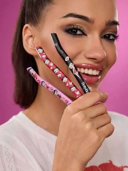 Betty Boop x 3 Pcs Straight Handle Eyebrow Trimmers With Protective Cap,Painless Hair Remover Razors,Durable Trimming Blades Scratchproof Scratch-Resistant Portable Beauty Tool,Crescent Eyebrow