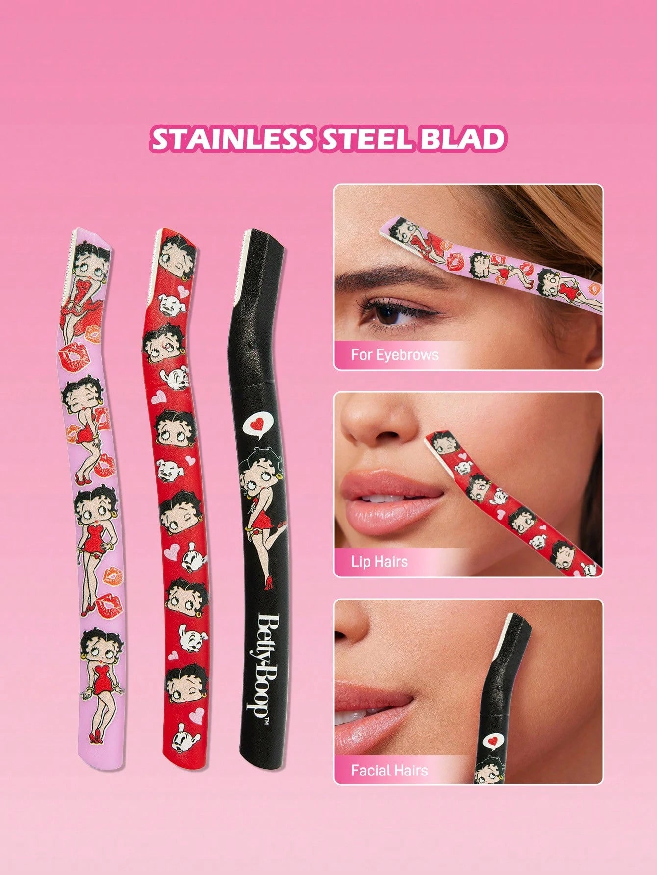 Betty Boop x 3 Pcs Straight Handle Eyebrow Trimmers With Protective Cap,Painless Hair Remover Razors,Durable Trimming Blades Scratchproof Scratch-Resistant Portable Beauty Tool,Crescent Eyebrow