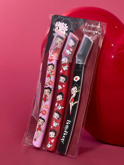 Betty Boop x 3 Pcs Straight Handle Eyebrow Trimmers With Protective Cap,Painless Hair Remover Razors,Durable Trimming Blades Scratchproof Scratch-Resistant Portable Beauty Tool,Crescent Eyebrow