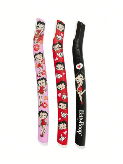 Betty Boop x 3 Pcs Straight Handle Eyebrow Trimmers With Protective Cap,Painless Hair Remover Razors,Durable Trimming Blades Scratchproof Scratch-Resistant Portable Beauty Tool,Crescent Eyebrow