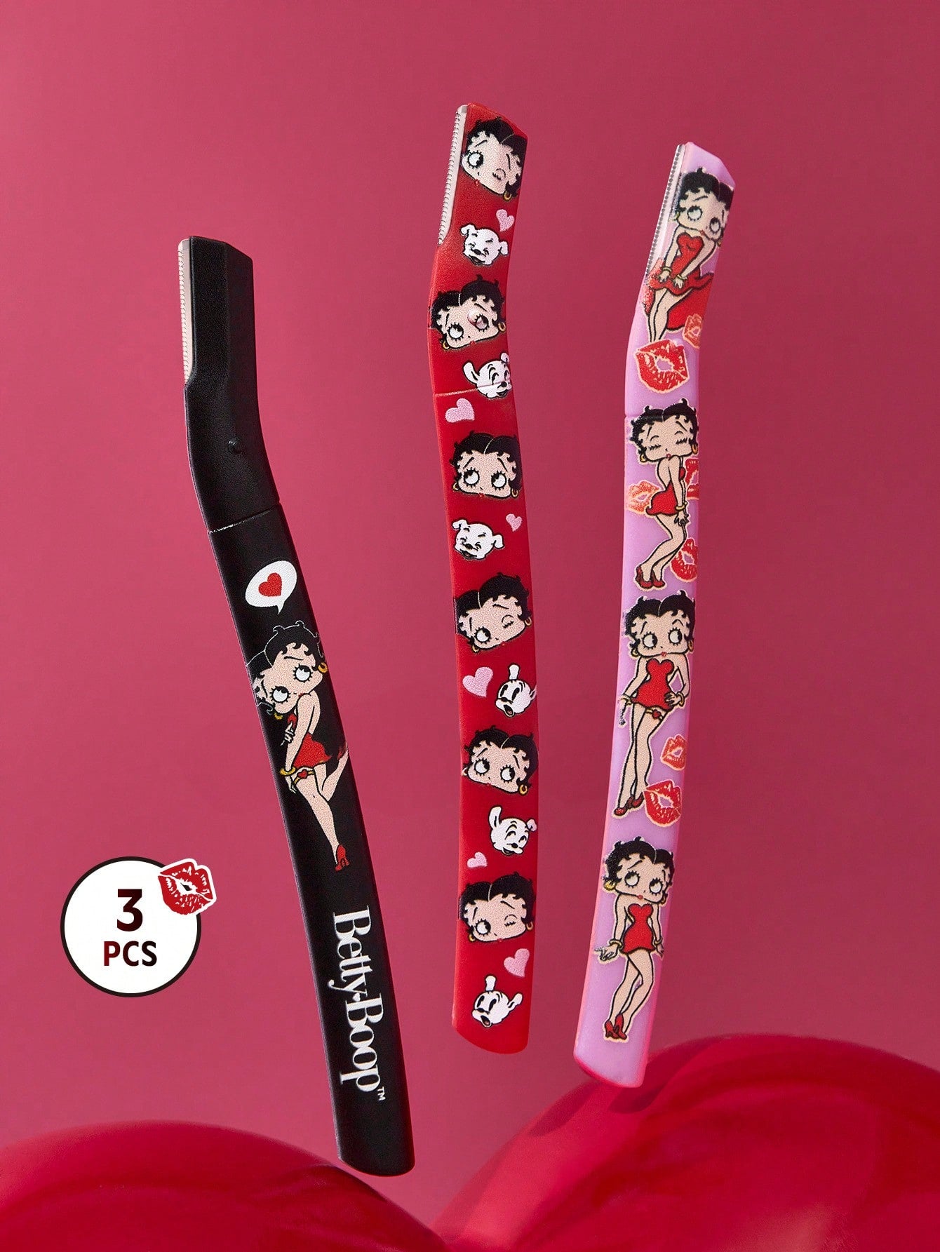 Betty Boop x 3 Pcs Straight Handle Eyebrow Trimmers With Protective Cap,Painless Hair Remover Razors,Durable Trimming Blades Scratchproof Scratch-Resistant Portable Beauty Tool,Crescent Eyebrow