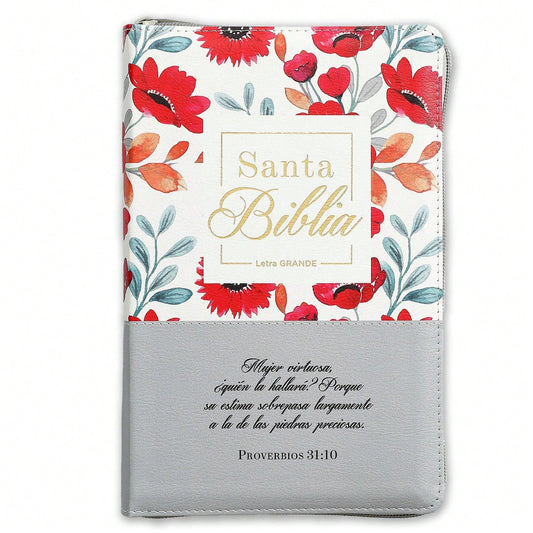 Biblia Con Cierre Letra Grande 12 Puntos RV1960 Imit. Floral Y Gris Con Indice- Mujer Virtuosa