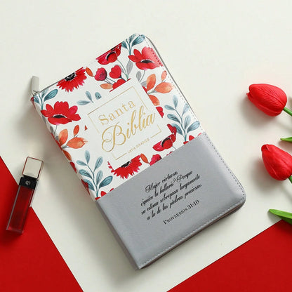Biblia Con Cierre Letra Grande 12 Puntos RV1960 Imit. Floral Y Gris Con Indice- Mujer Virtuosa