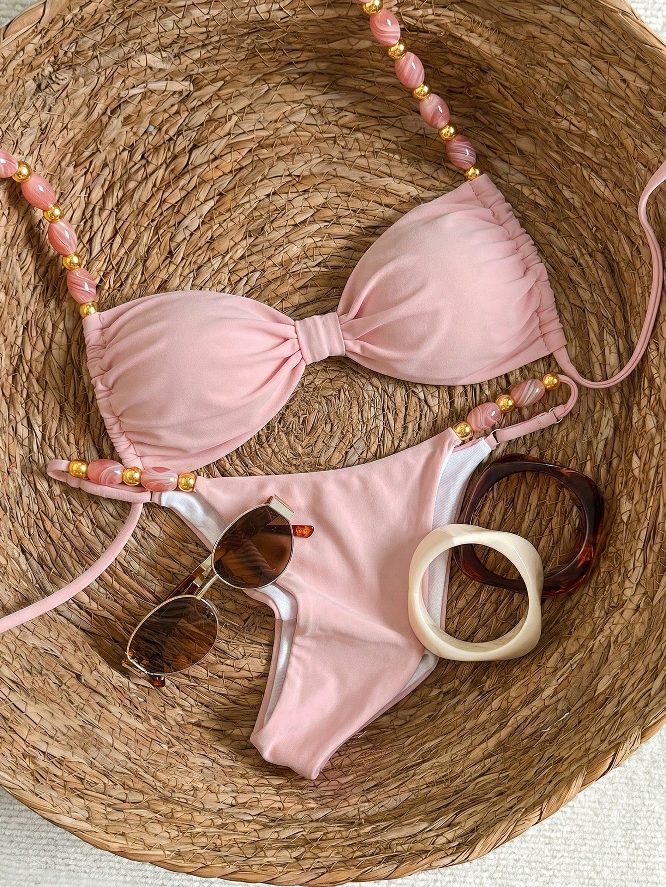 Bikinx Women's Halter Neck Back Tie Bikini Set, Bohemian Style Color-Block Beaded Shoulder Straps, Suitable For Beach Vacation Pink Summer