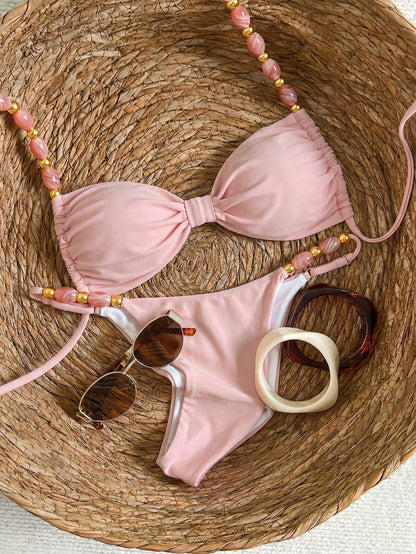 Bikinx Women's Halter Neck Back Tie Bikini Set, Bohemian Style Color-Block Beaded Shoulder Straps, Suitable For Beach Vacation Pink Summer