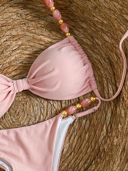 Bikinx Women's Halter Neck Back Tie Bikini Set, Bohemian Style Color-Block Beaded Shoulder Straps, Suitable For Beach Vacation Pink Summer
