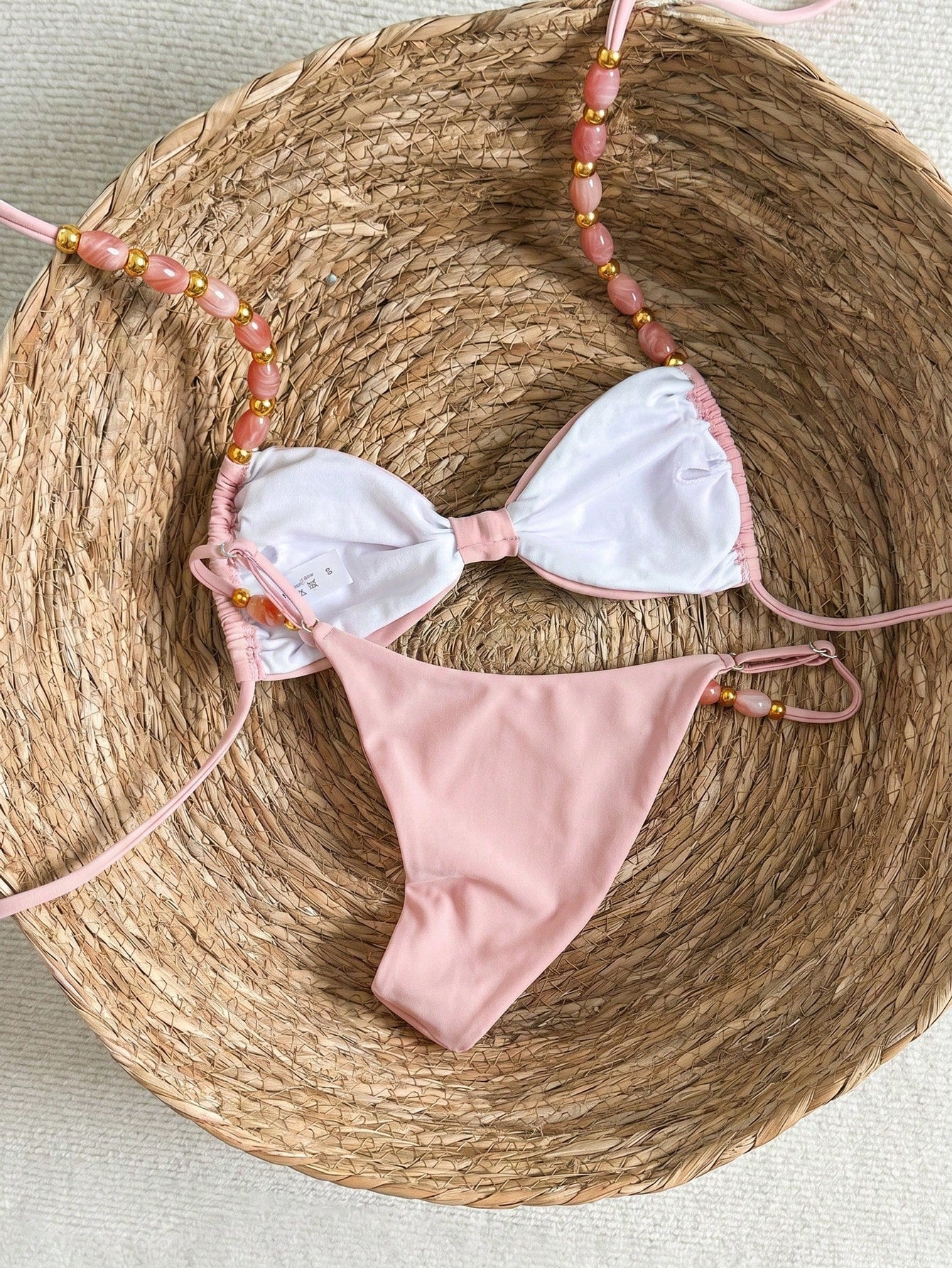 Bikinx Women's Halter Neck Back Tie Bikini Set, Bohemian Style Color-Block Beaded Shoulder Straps, Suitable For Beach Vacation Pink Summer