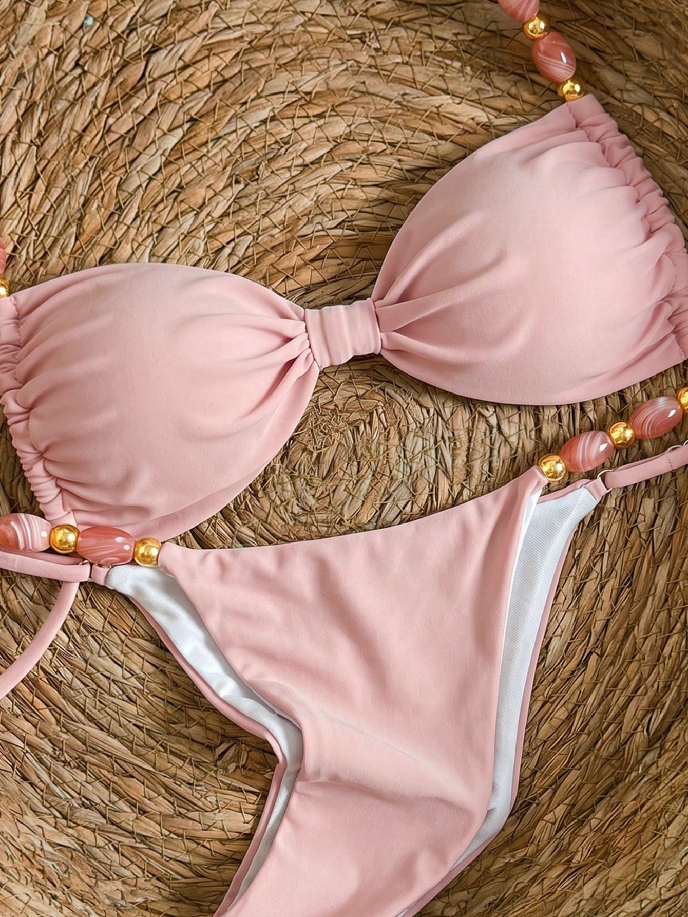 Bikinx Women's Halter Neck Back Tie Bikini Set, Bohemian Style Color-Block Beaded Shoulder Straps, Suitable For Beach Vacation Pink Summer