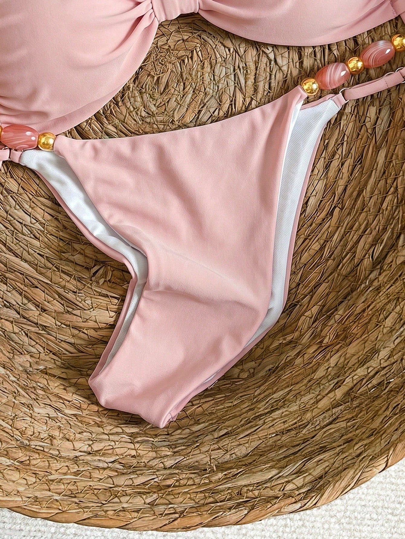 Bikinx Women's Halter Neck Back Tie Bikini Set, Bohemian Style Color-Block Beaded Shoulder Straps, Suitable For Beach Vacation Pink Summer