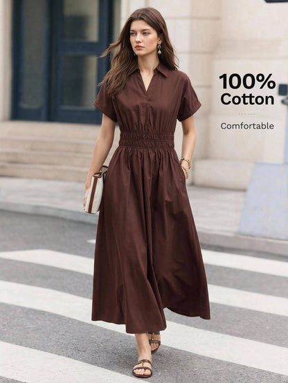 BizChic Dark Brown Cinched Waist Dress, Elegant Casual Sexy French Vintage Business Date Picnic Daily Teachers' Day Office Slimming Versatile Summer Autumn