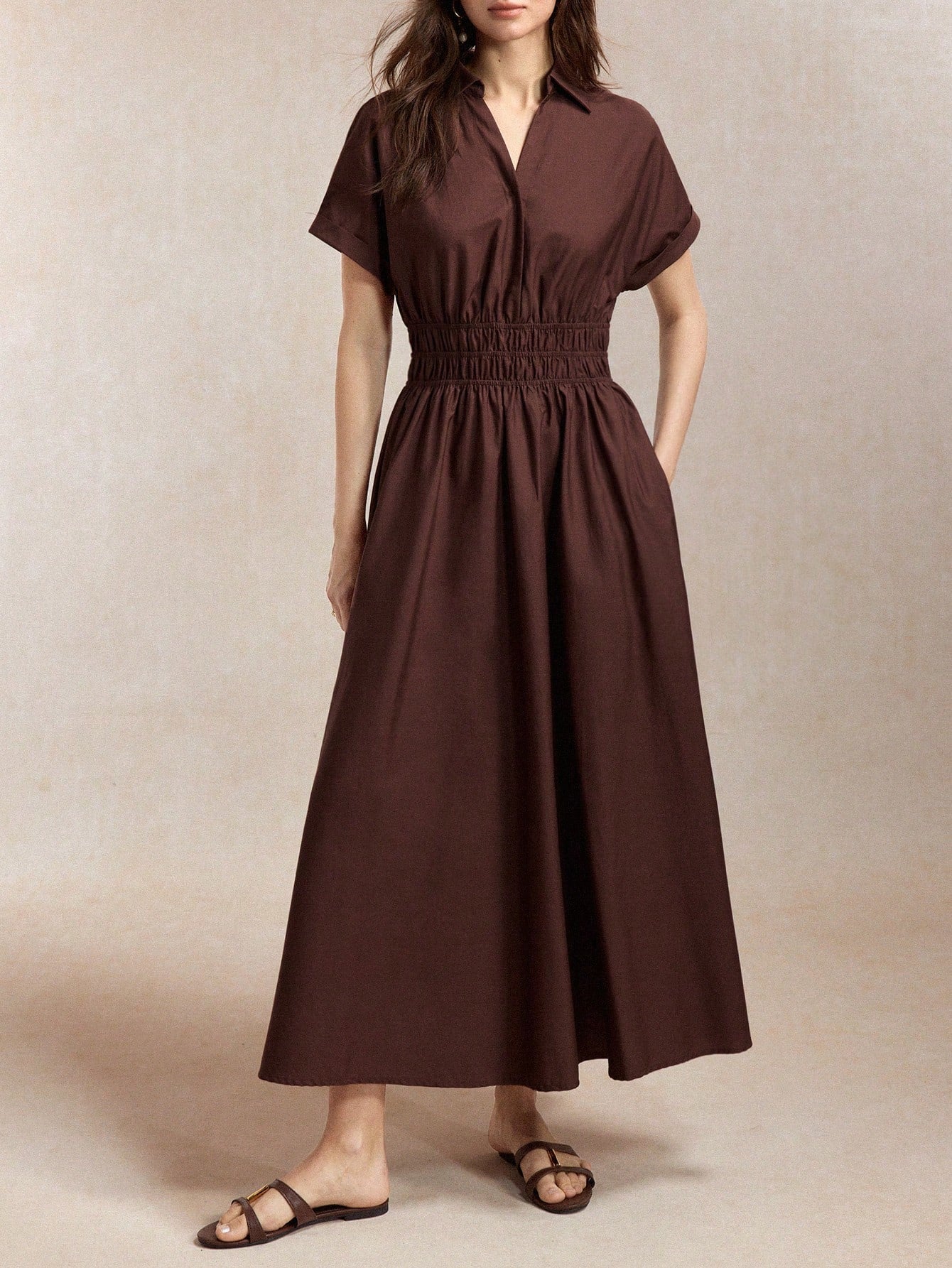 BizChic Dark Brown Cinched Waist Dress, Elegant Casual Sexy French Vintage Business Date Picnic Daily Teachers' Day Office Slimming Versatile Summer Autumn