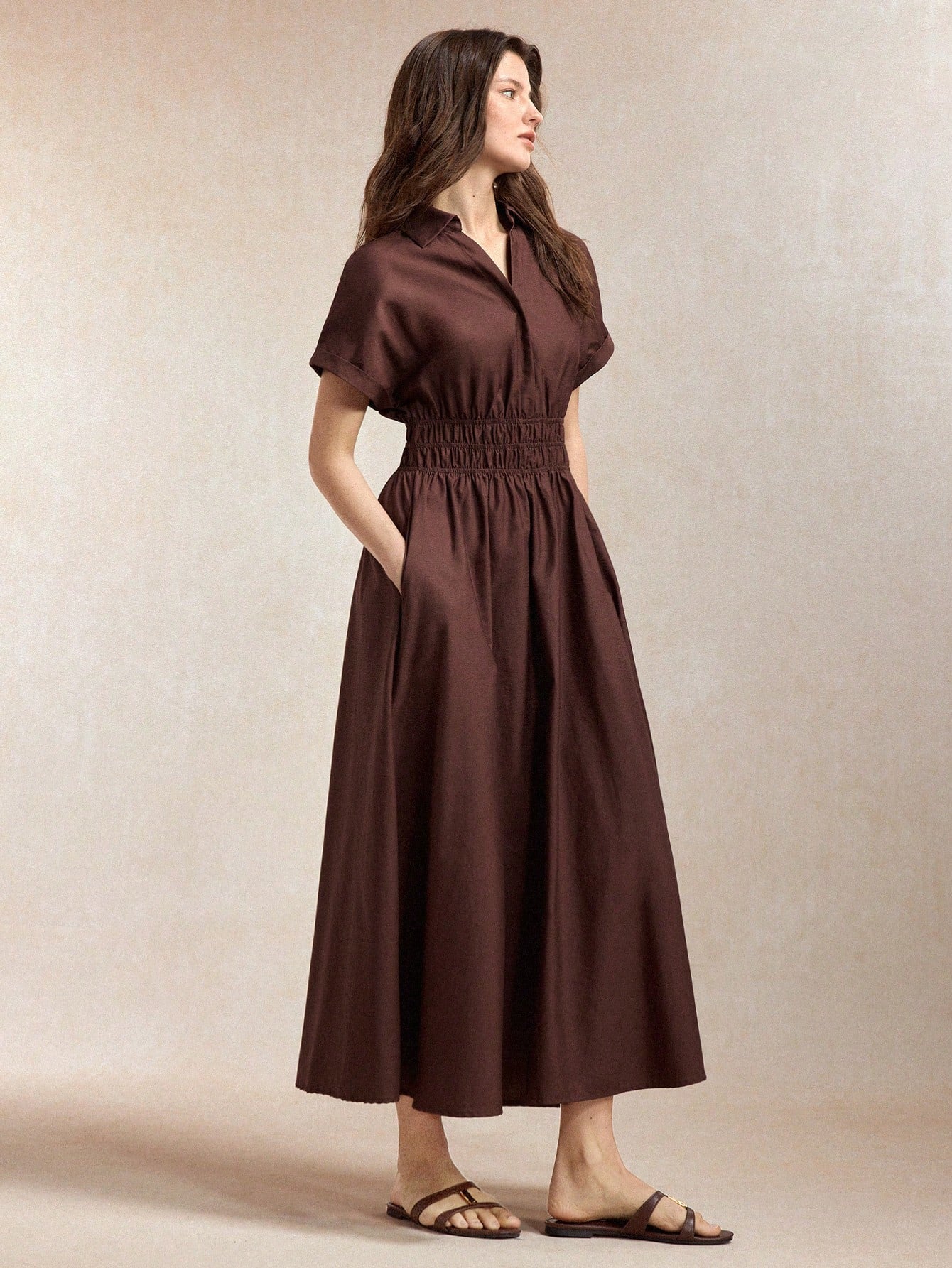 BizChic Dark Brown Cinched Waist Dress, Elegant Casual Sexy French Vintage Business Date Picnic Daily Teachers' Day Office Slimming Versatile Summer Autumn