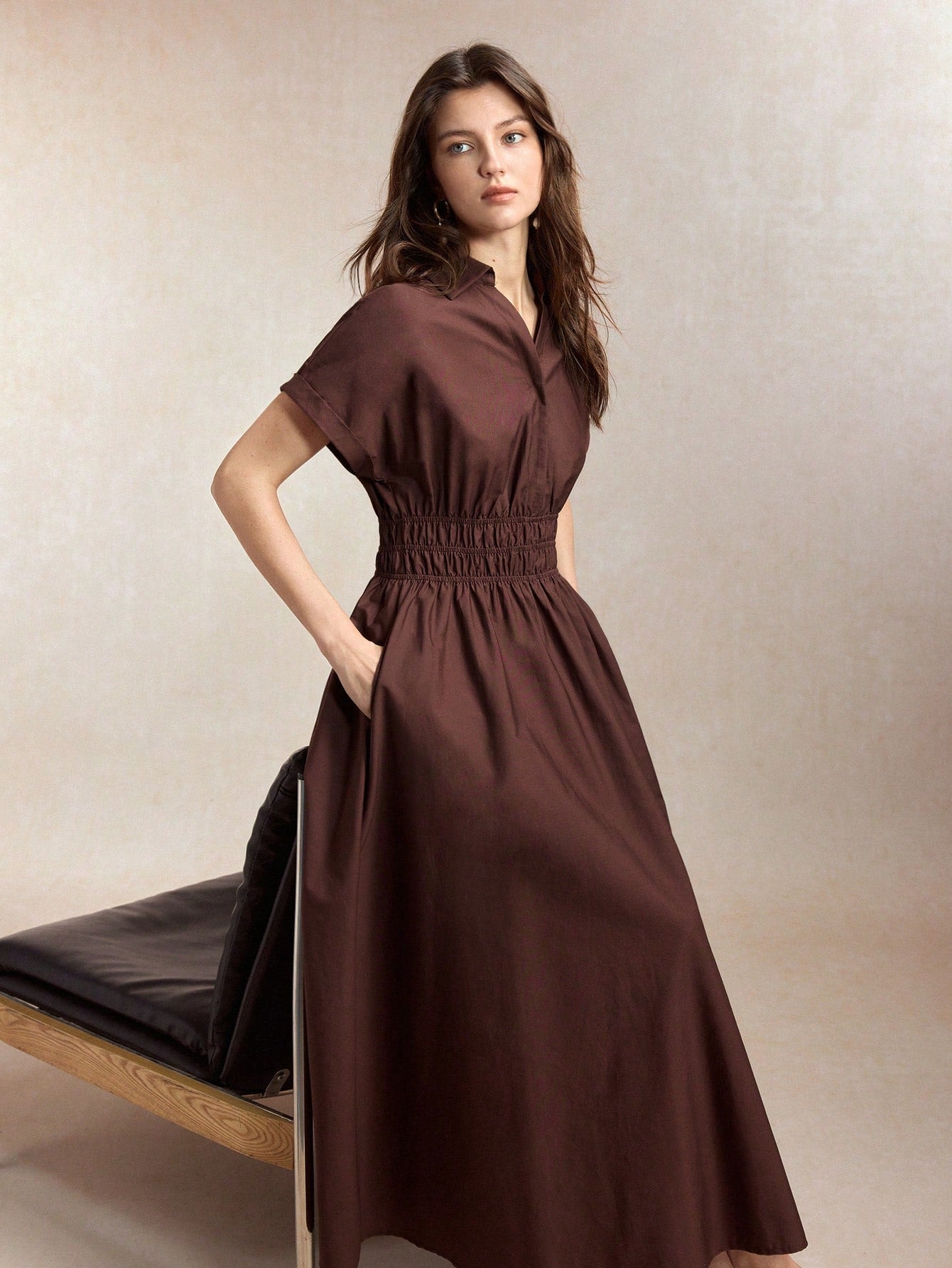 BizChic Dark Brown Cinched Waist Dress, Elegant Casual Sexy French Vintage Business Date Picnic Daily Teachers' Day Office Slimming Versatile Summer Autumn
