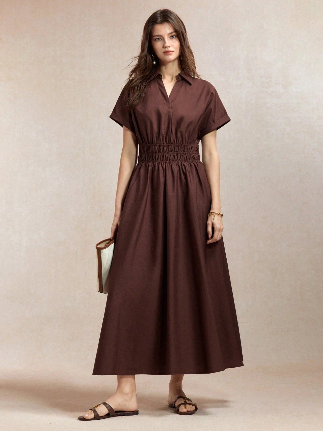 BizChic Dark Brown Cinched Waist Dress, Elegant Casual Sexy French Vintage Business Date Picnic Daily Teachers' Day Office Slimming Versatile Summer Autumn