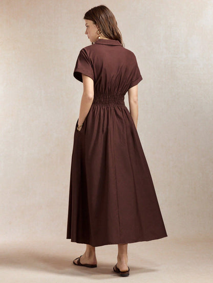 BizChic Dark Brown Cinched Waist Dress, Elegant Casual Sexy French Vintage Business Date Picnic Daily Teachers' Day Office Slimming Versatile Summer Autumn