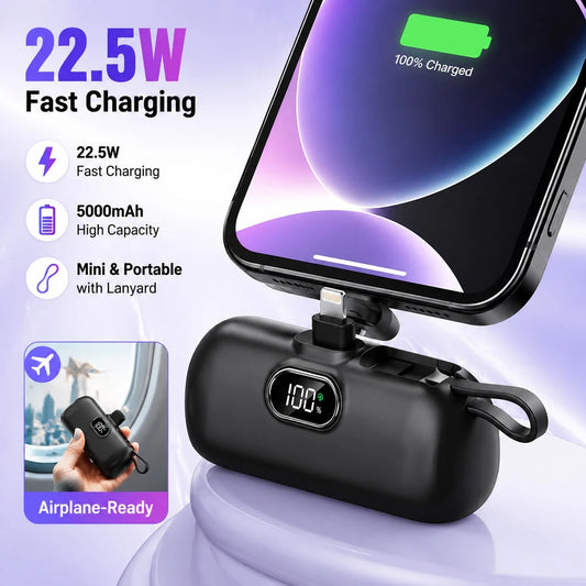 Black 5000mAh Mini Power Bank With Lightning Plug, Built-In USB-C Cable And 22.5W Fast Charging, With Digital Remaining-Power Display, Capsule-Style Case And Attached Lanyard For Portable Use, Compati