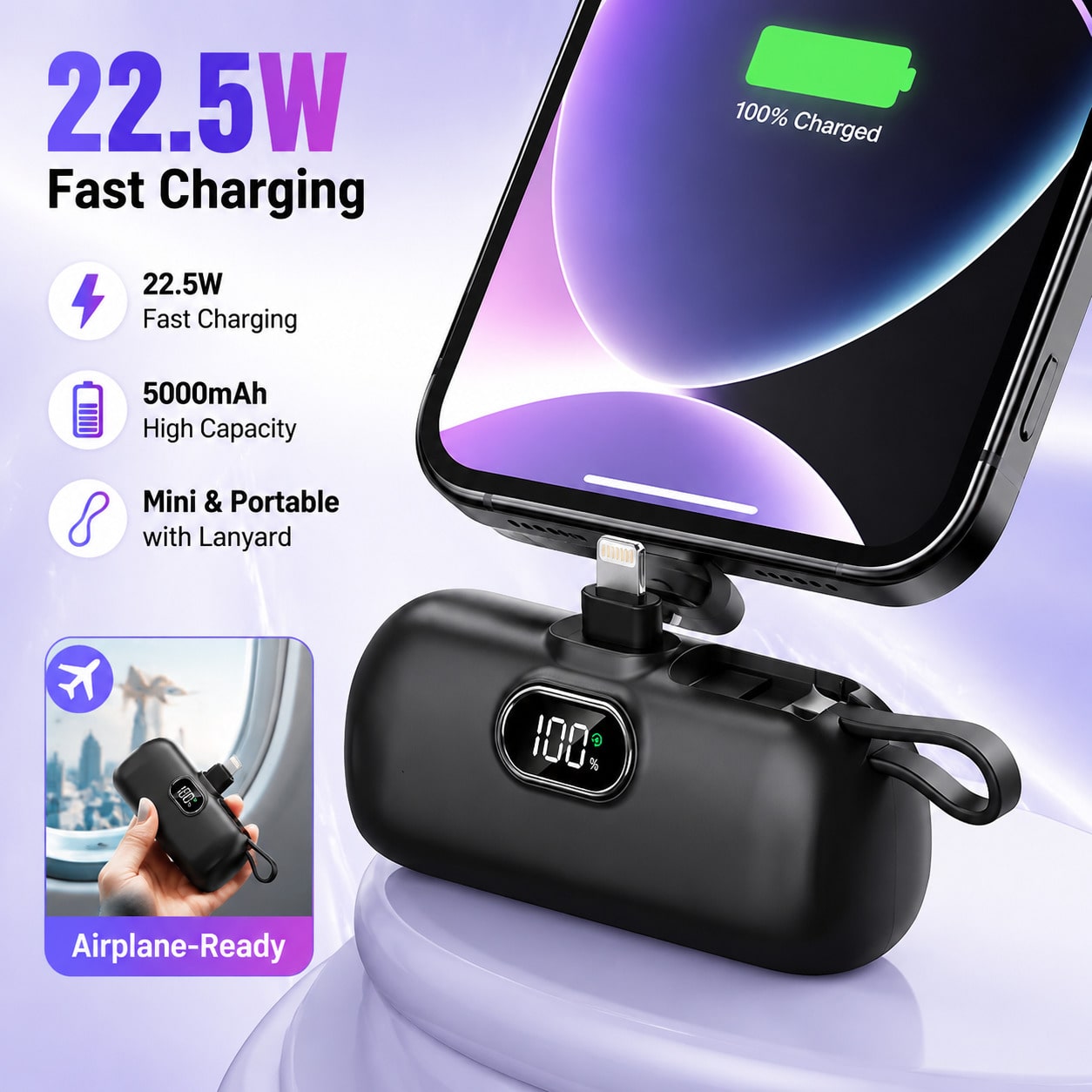 Black 5000mAh Mini Power Bank With Lightning Plug, Built-In USB-C Cable And 22.5W Fast Charging, With Digital Remaining-Power Display, Capsule-Style Case And Attached Lanyard For Portable Use, Compati