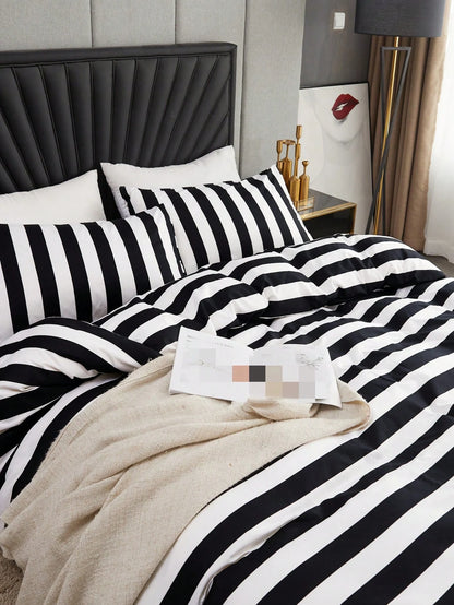Black And White Stripe Duvet Cover And Pillowcase Set Of 3 (Without Filler)