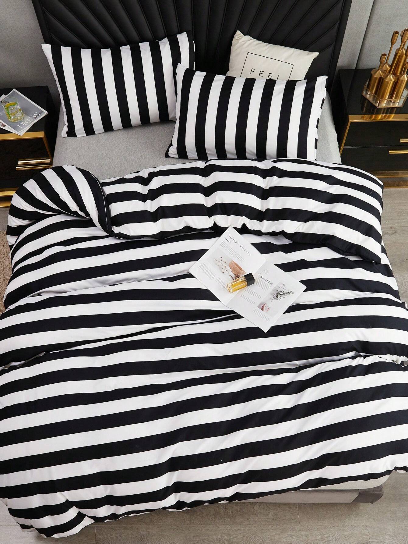 Black And White Stripe Duvet Cover And Pillowcase Set Of 3 (Without Filler)