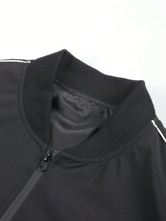 Black Baseball Collar Jacket With White Side Stripes, Men's American Casual Pilot Thin Outerwear, Minimalist Contrast Stitching Baseball Jacket With Zipper Pockets, Commuter Workwear Top