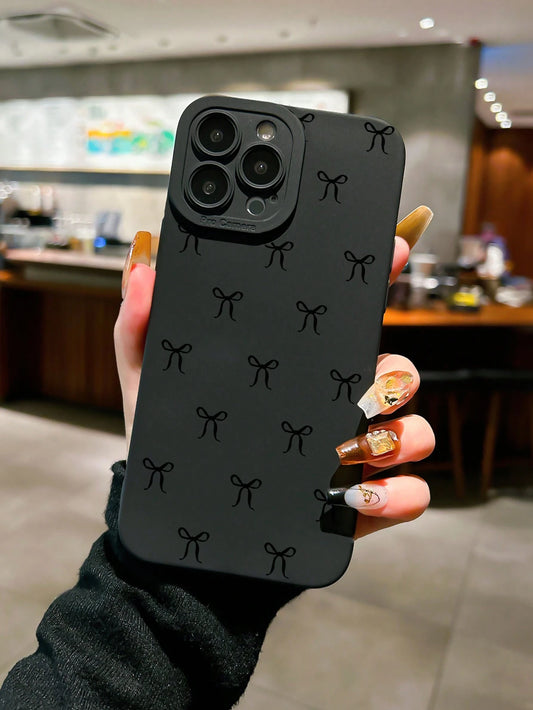 Black Bow Knot Pattern Shockproof Fashion Phone Case Compatible With IPhone 16 Pro Max, 14, 13, 12, 11 Pro Max, XS Max, X, XR, 8, 7 Plus, Mini Waterproof Anti-Fall Scratch Resistant Spring Mom Birthda