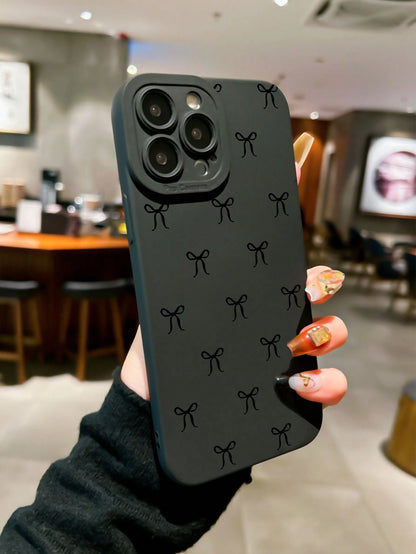 Black Bow Knot Pattern Shockproof Fashion Phone Case Compatible With IPhone 16 Pro Max, 14, 13, 12, 11 Pro Max, XS Max, X, XR, 8, 7 Plus, Mini Waterproof Anti-Fall Scratch Resistant Spring Mom Birthda
