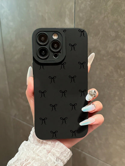 Black Bow Knot Pattern Shockproof Fashion Phone Case Compatible With IPhone 16 Pro Max, 14, 13, 12, 11 Pro Max, XS Max, X, XR, 8, 7 Plus, Mini Waterproof Anti-Fall Scratch Resistant Spring Mom Birthda