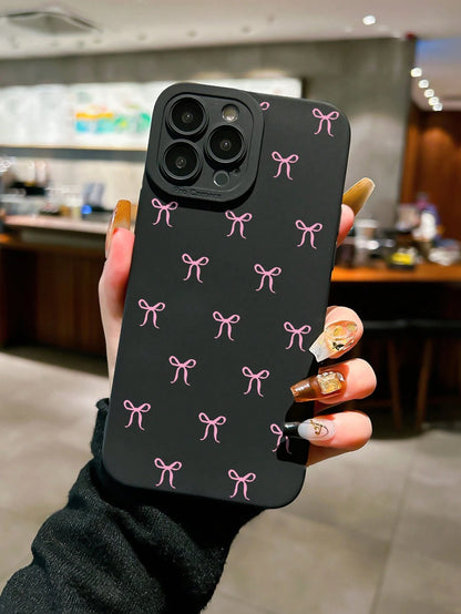 Black Bow Knot Pattern Shockproof Fashion Phone Case Compatible With IPhone 16 Pro Max, 14, 13, 12, 11 Pro Max, XS Max, X, XR, 8, 7 Plus, Mini Waterproof Anti-Fall Scratch Resistant Spring Mom Birthda