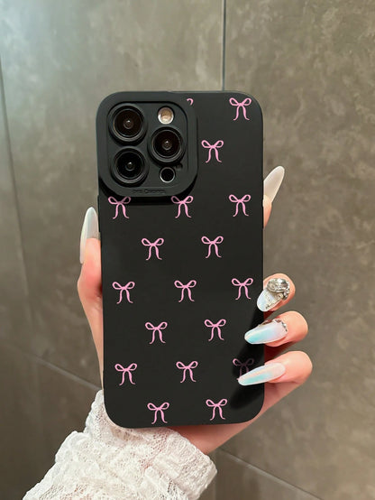 Black Bow Knot Pattern Shockproof Fashion Phone Case Compatible With IPhone 16 Pro Max, 14, 13, 12, 11 Pro Max, XS Max, X, XR, 8, 7 Plus, Mini Waterproof Anti-Fall Scratch Resistant Spring Mom Birthda