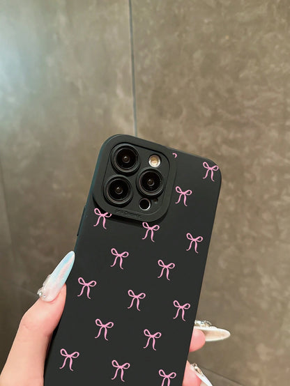 Black Bow Knot Pattern Shockproof Fashion Phone Case Compatible With IPhone 16 Pro Max, 14, 13, 12, 11 Pro Max, XS Max, X, XR, 8, 7 Plus, Mini Waterproof Anti-Fall Scratch Resistant Spring Mom Birthda