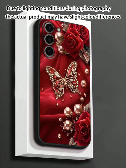 Black Fashion Phone Case Butterfly Element Black Faux Pearl Element Black Butterfly Butterfly Element Shockproof Anti-Slip 1pc Red Rose & Butterfly Faux Pearl Black Phone Case Compatible With Galaxy A