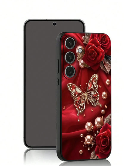 Black Fashion Phone Case Butterfly Element Black Faux Pearl Element Black Butterfly Butterfly Element Shockproof Anti-Slip 1pc Red Rose & Butterfly Faux Pearl Black Phone Case Compatible With Galaxy A