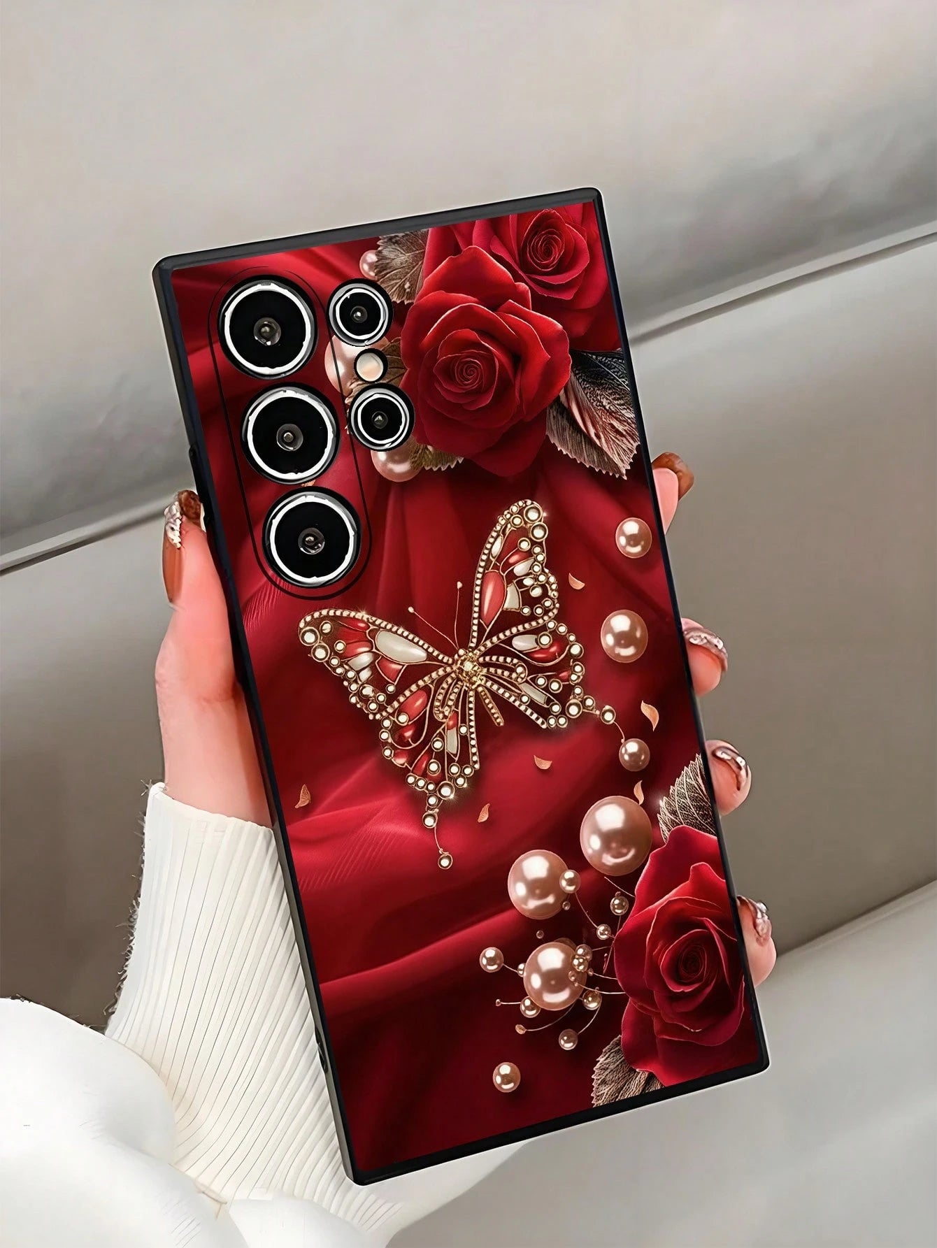 Black Fashion Phone Case Butterfly Element Black Faux Pearl Element Black Butterfly Butterfly Element Shockproof Anti-Slip 1pc Red Rose & Butterfly Faux Pearl Black Phone Case Compatible With Galaxy A