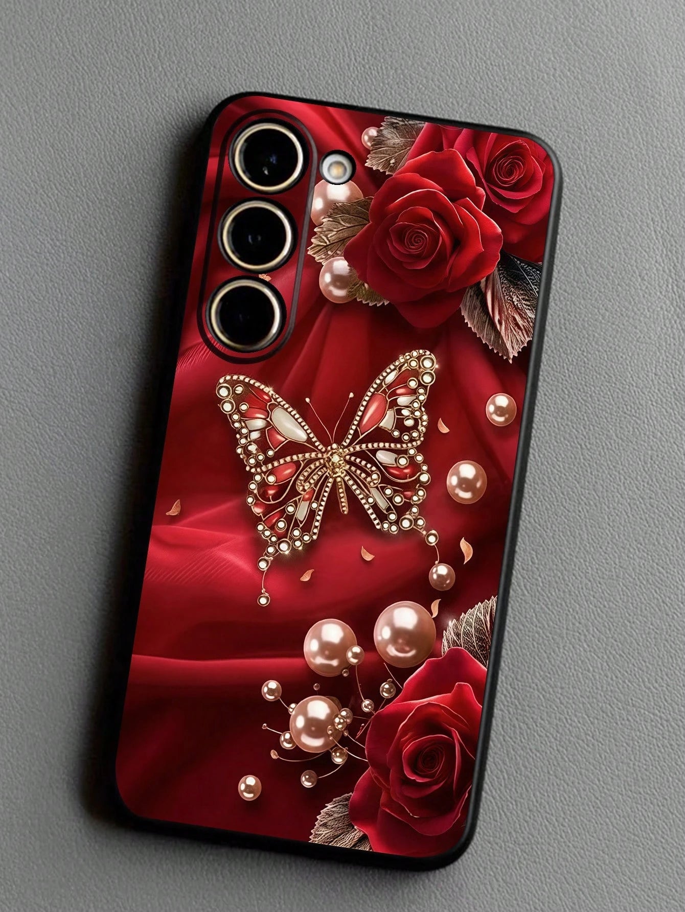 Black Fashion Phone Case Butterfly Element Black Faux Pearl Element Black Butterfly Butterfly Element Shockproof Anti-Slip 1pc Red Rose & Butterfly Faux Pearl Black Phone Case Compatible With Galaxy A
