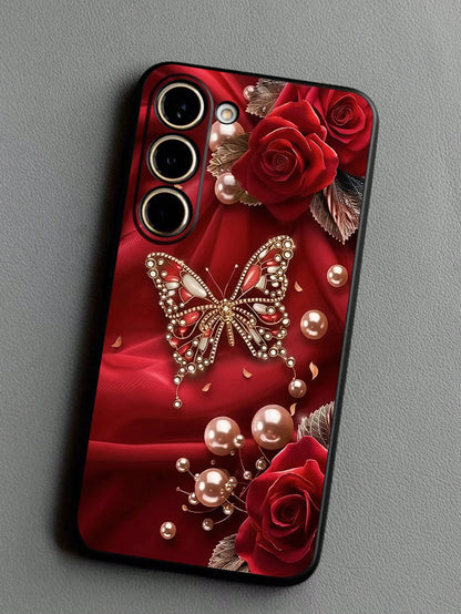 Black Fashion Phone Case Butterfly Element Black Faux Pearl Element Black Butterfly Butterfly Element Shockproof Anti-Slip 1pc Red Rose & Butterfly Faux Pearl Black Phone Case Compatible With Galaxy A