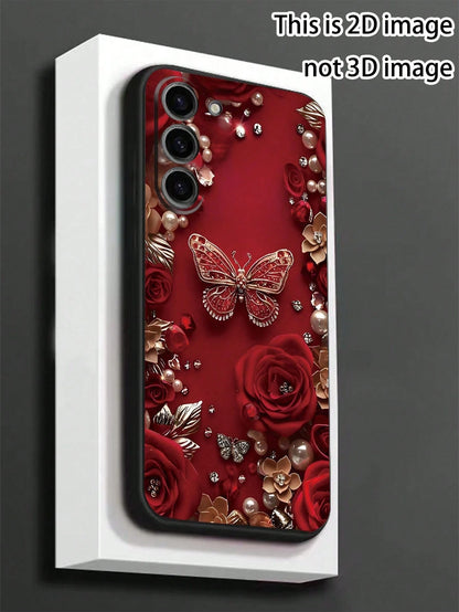 Black Fashion Phone Case Butterfly Element Black Faux Pearl Element Black Butterfly Butterfly Element Shockproof Anti-Slip 1pc Red Rose & Butterfly Faux Pearl Black Phone Case Compatible With Galaxy A