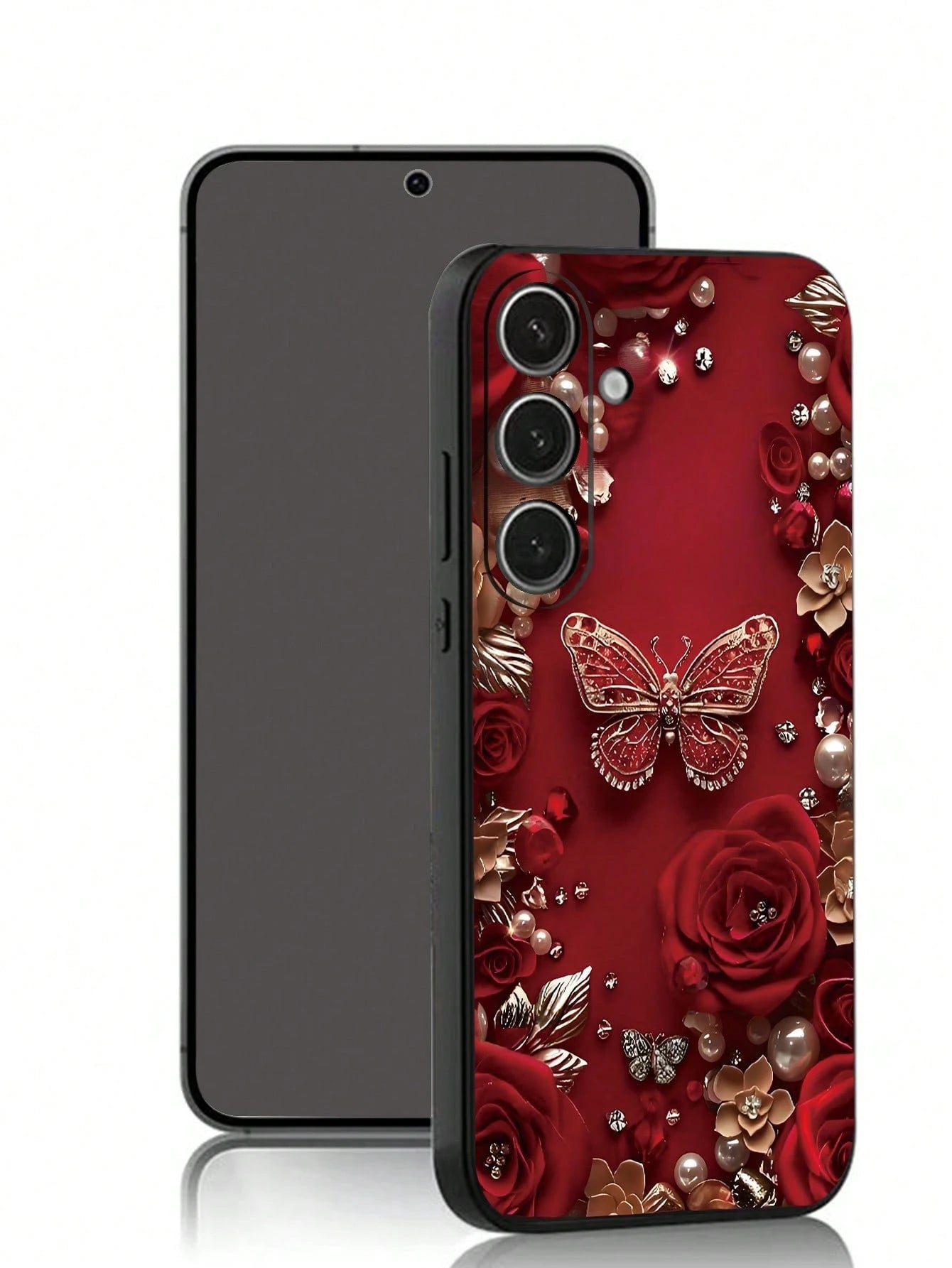 Black Fashion Phone Case Butterfly Element Black Faux Pearl Element Black Butterfly Butterfly Element Shockproof Anti-Slip 1pc Red Rose & Butterfly Faux Pearl Black Phone Case Compatible With Galaxy A
